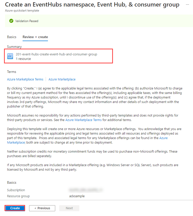 Снимок экрана портала Azure для просмотра и создания пространства имен Центров событий, самих Центов событий и групп потребителей.