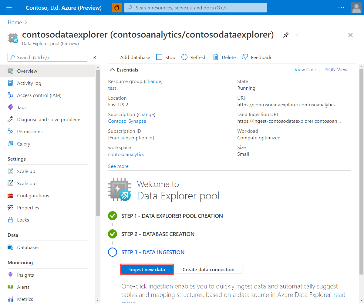 Снимок экрана: портал Azure, показывающий открытие Azure Data Explorer в контексте определенного пула.