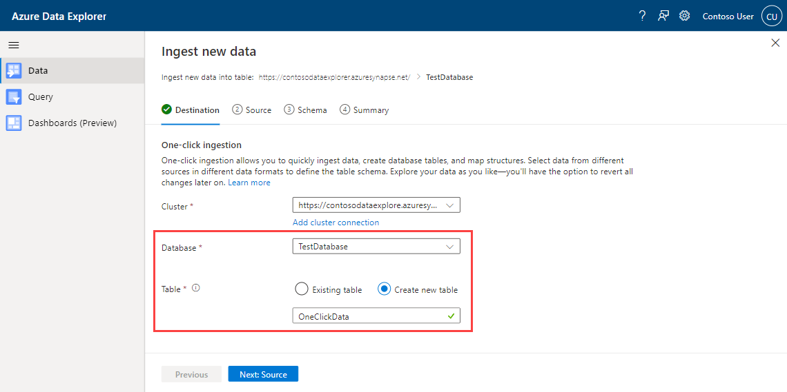 Снимок экрана: мастер приема данных Azure Data Explorer, показывающий выбор базы данных и таблицы.