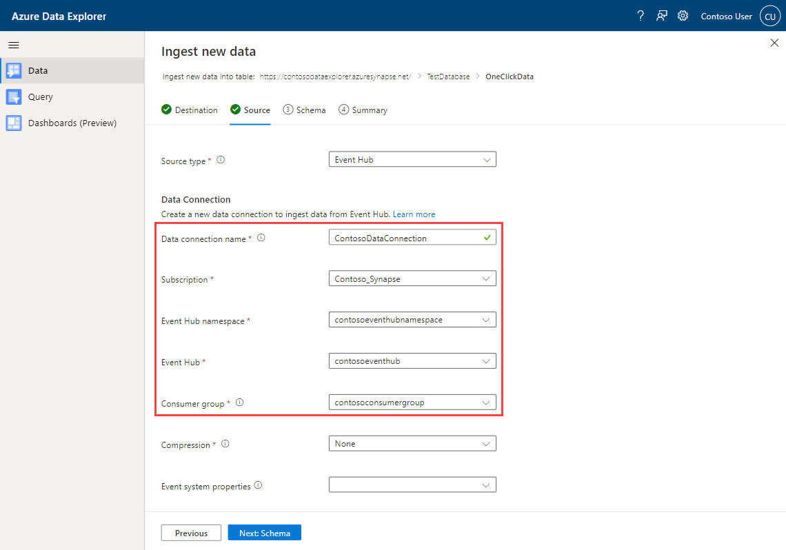 Снимок экрана мастера быстрой загрузки Azure Data Explorer, показывающий данные о подключении к концентратору событий.