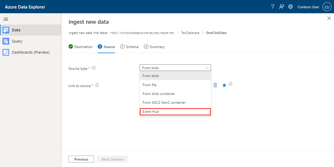 Снимок экрана мастера быстрого ввода данных Azure Data Explorer с помощью одного щелчка, показывающий выбор типа источника.