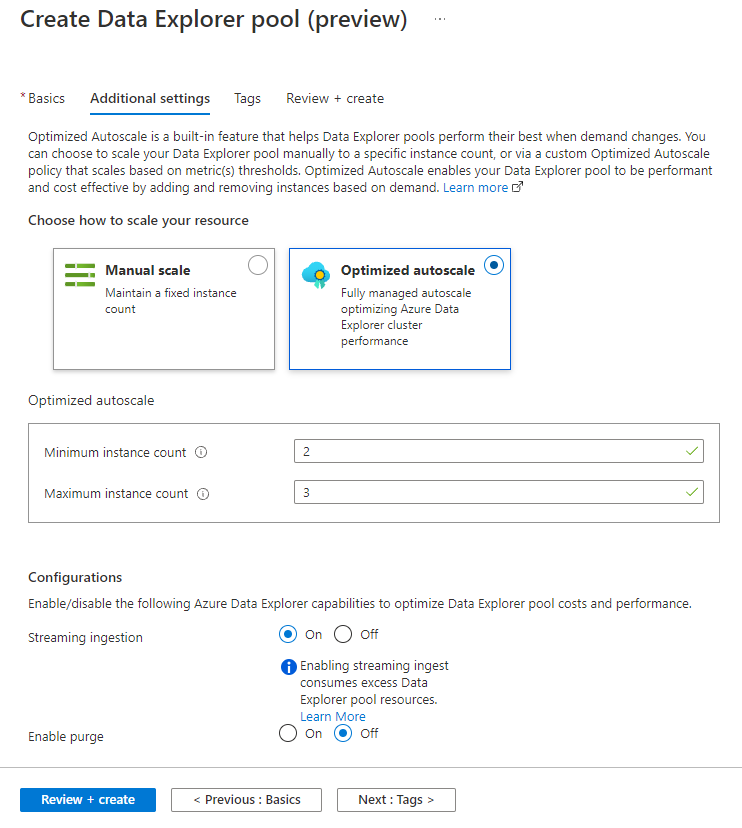 Включите прием потоковой передачи при создании пула Обозревателя данных в Azure Synapse Data Explorer.