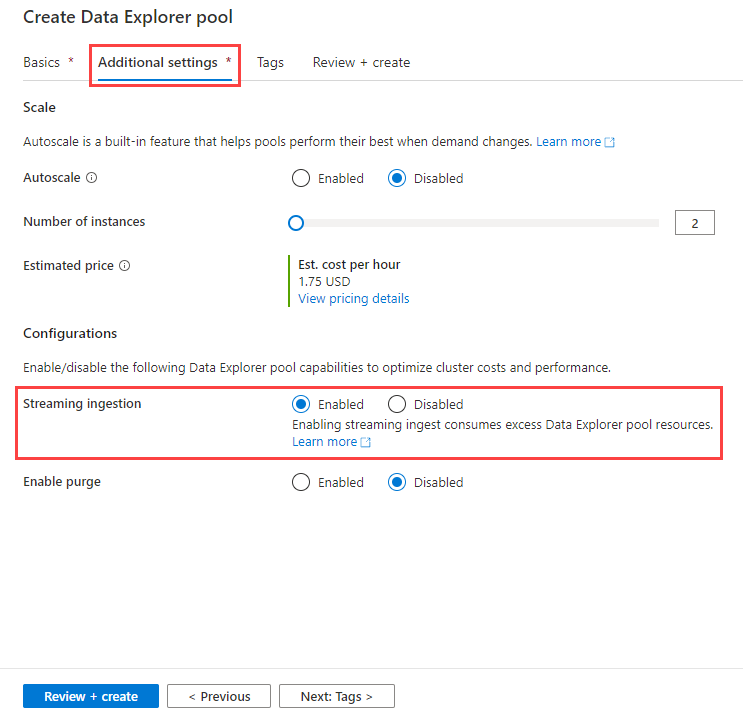 Включите прием потоковой передачи при создании пула Обозревателя данных в Azure Synapse Data Explorer.