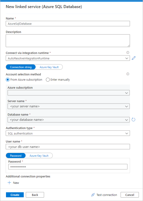 Настройка связанной службы базы данных SQL Azure