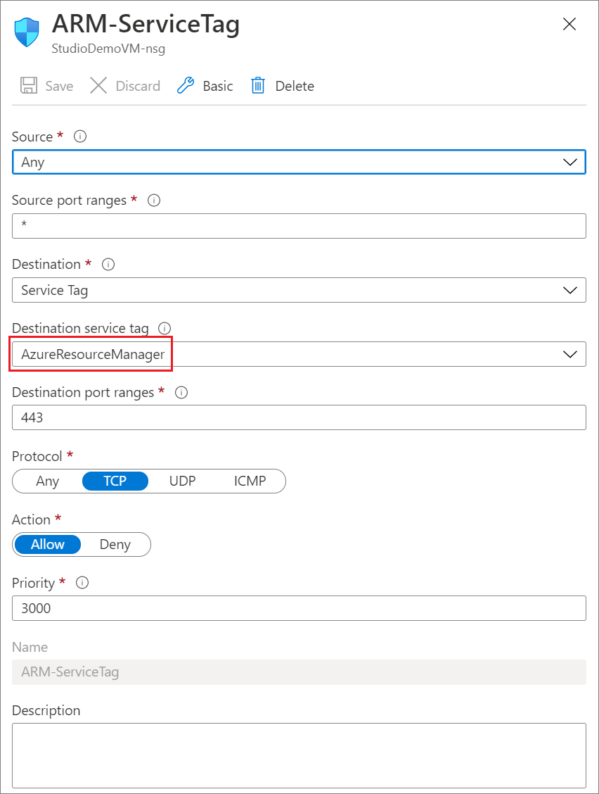 Снимок экрана: сведения о теге службы Azure Resource Manager.