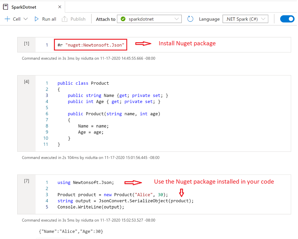 Снимок экрана, показывающий использование #r для установки пакета NuGet в записной книжке Spark .NET