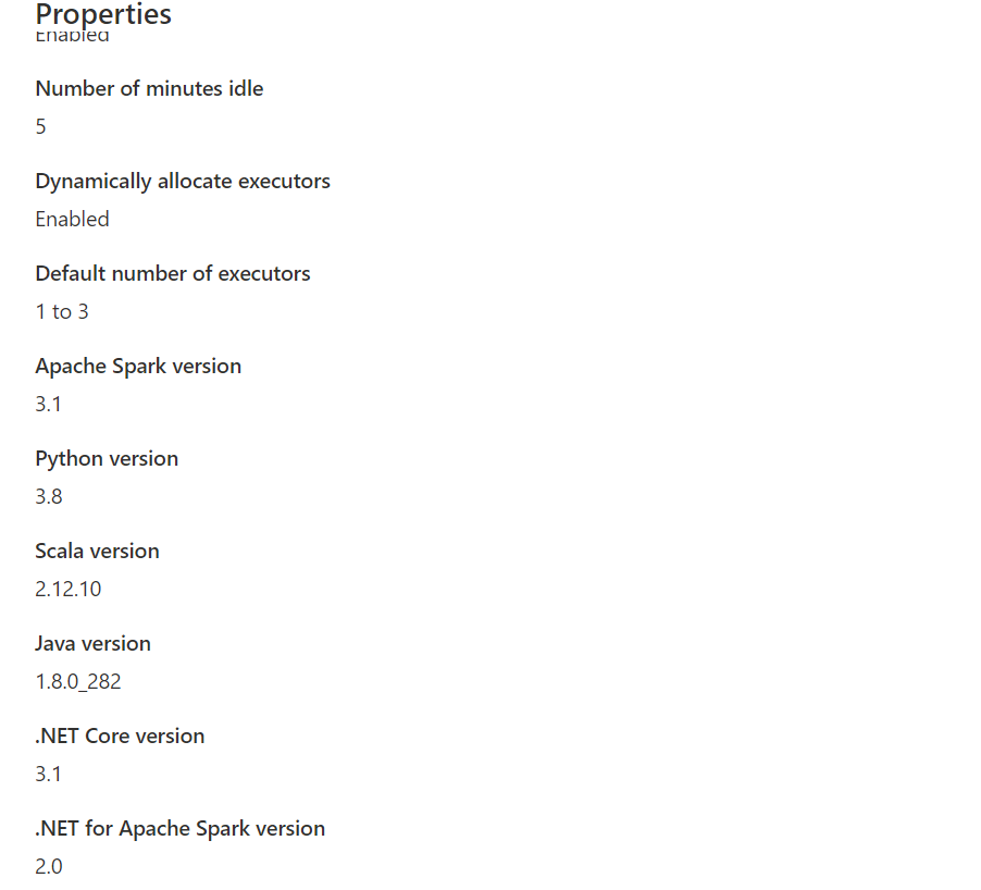 Снимок экрана: свойства, включая версию .NET Spark.