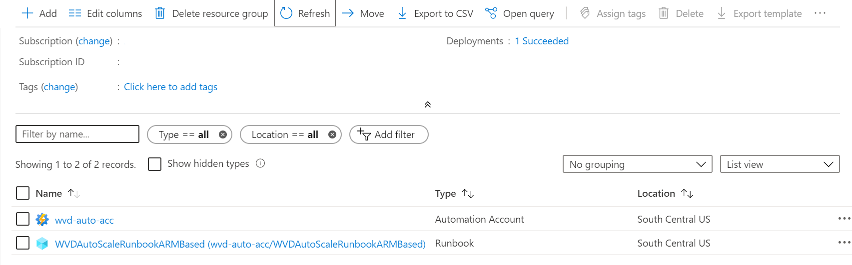 Изображение страницы обзора Azure, показывающее только что созданную учетную запись служба автоматизации Azure и модуль Runbook.