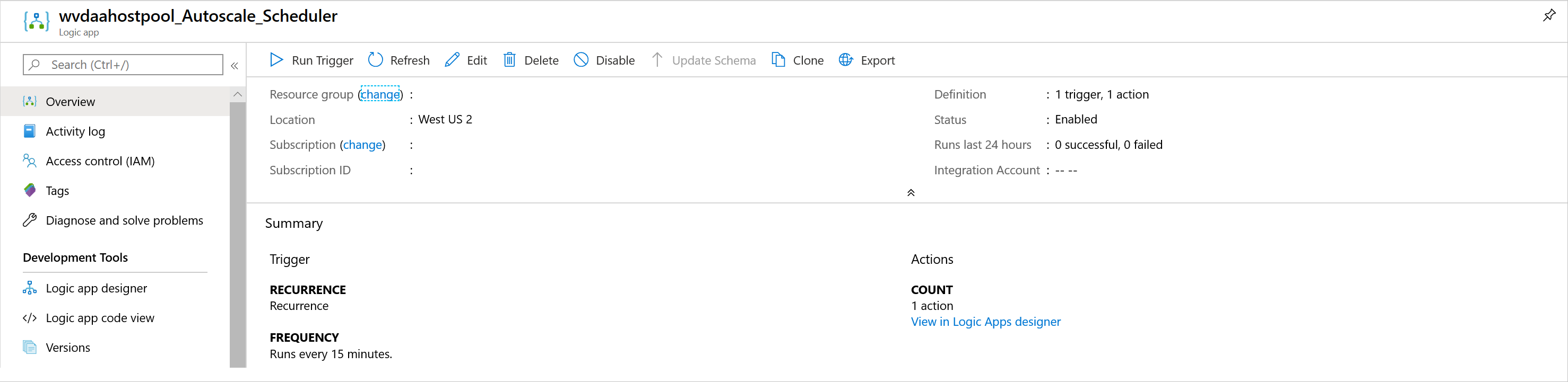Изображение страницы обзора для примера приложения логики Azure.