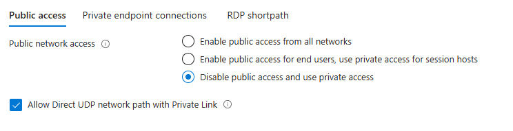 Снимок экрана: флажок RDP Shortpath при выборе параметра Отключить общедоступный доступ и использовать частный доступ.