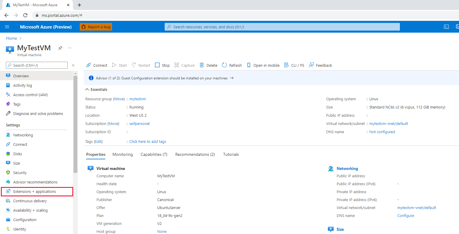 Снимок экрана: выбор расширений в меню портала Azure.