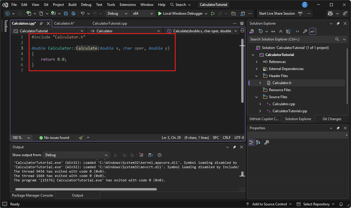 Снимок экрана редактора Visual Studio с определением функции Calculate.