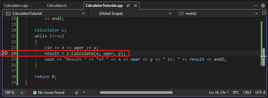 Снимок экрана: редактор Visual Studio с выполнением программы, остановленной в условной точке останова в строке: результат = c.Calculate(x, oper, y);