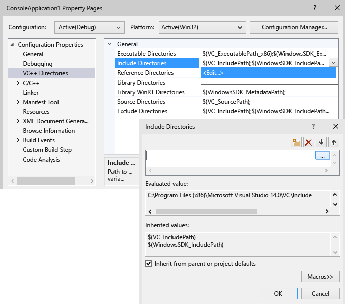 Снимок экрана страницы свойств проекта Visual Studio для каталогов VC++.