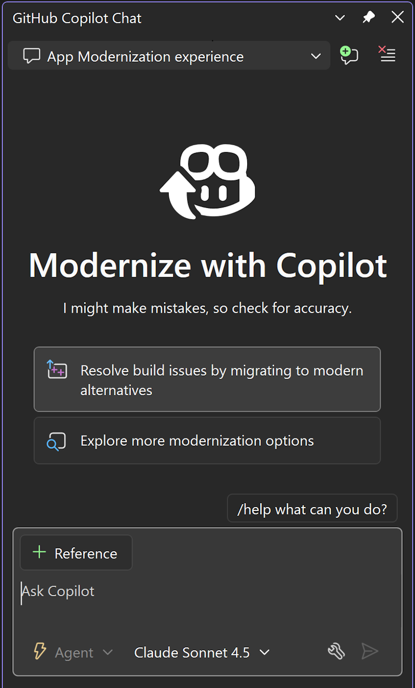 Снимок экрана: окно чата GitHub Copilot. Раскрывающийся список установлен на 
