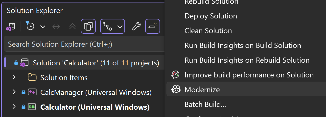 Снимок экрана: обозреватель решений Visual Studio с контекстным меню правой кнопкой мыши с выбранным меню 