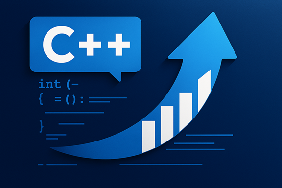 Логотип C++ со стрелкой вверх и абстрактным кодом на синем фоне, предлагающий улучшения при обновлении.