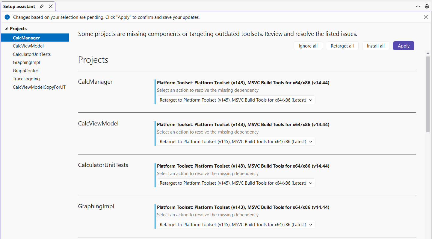 Снимок экрана: помощник по настройке Visual Studio 2026 с списком проектов, выбранных для перенацеления на последние средства сборки MSVC и набор инструментов платформы версии 145.
