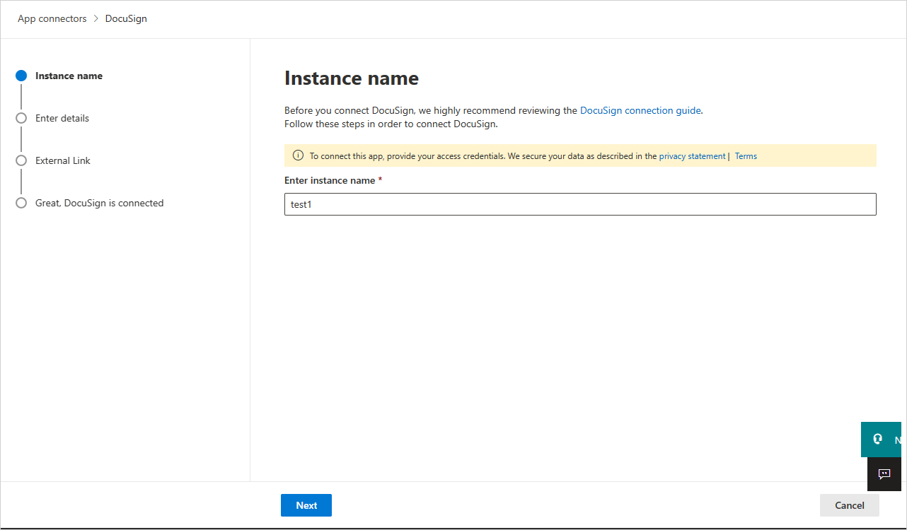 Снимок экрана: диалоговое окно для подключения DocuSign в Defender for Cloud Apps.