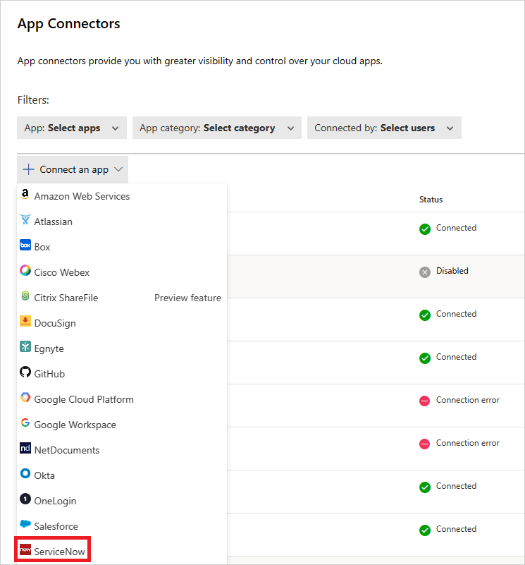Снимок экрана, на котором показано, где найти соединитель ServiceNow на портале Defender.