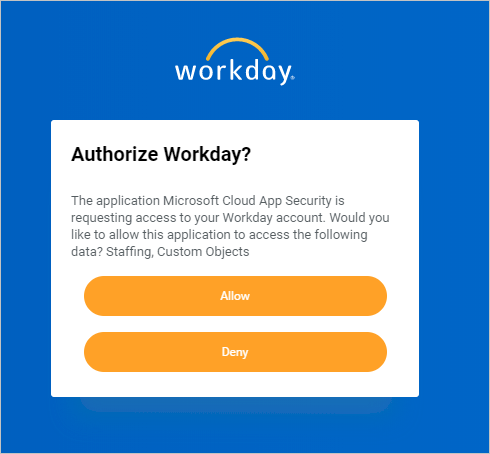 Снимок экрана: запрос разрешения Workday с просьбой разрешить Defender for Cloud Apps доступ к учетной записи.