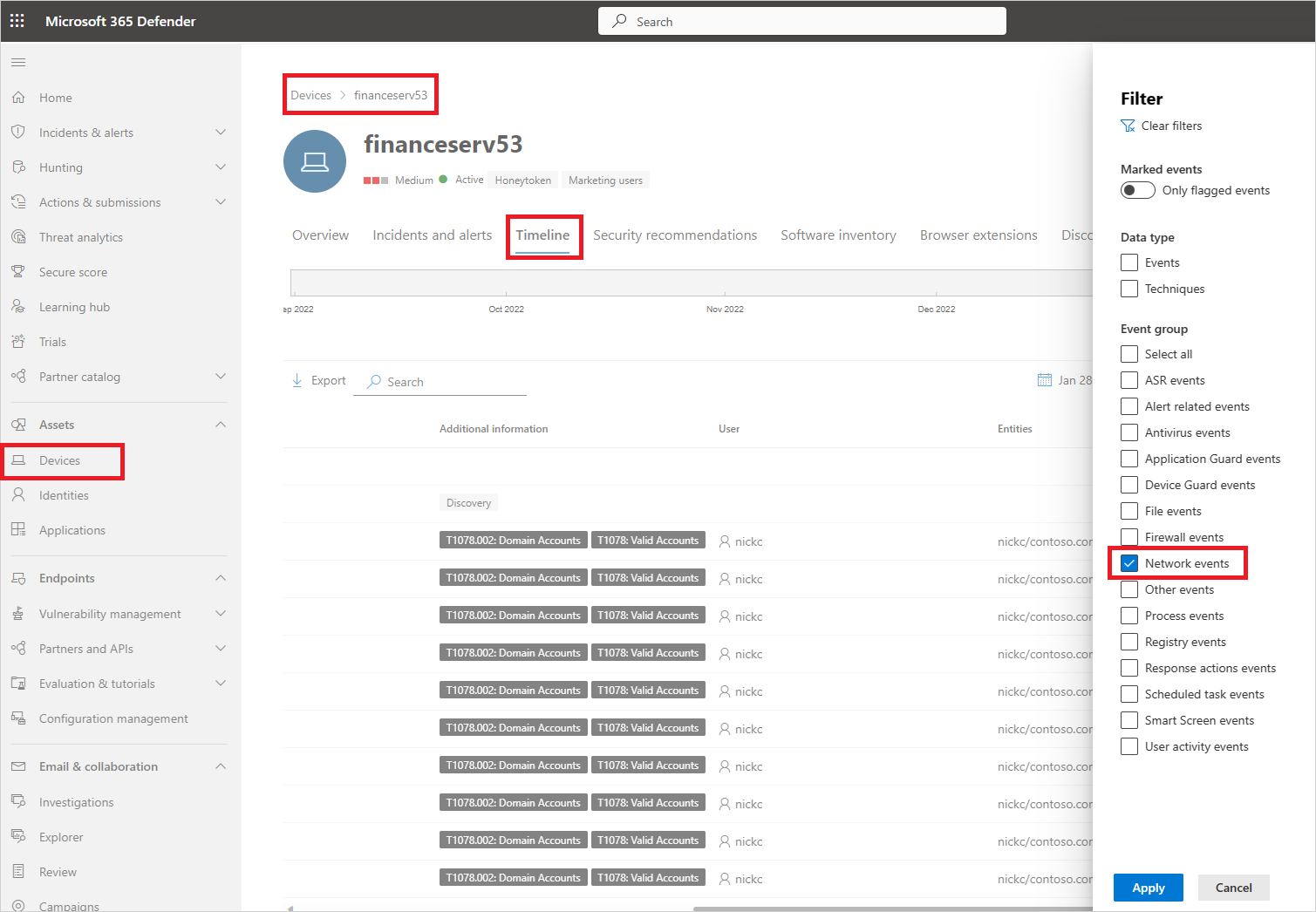 Снимок экрана, на котором показана временная шкала для устройства в Microsoft Defender XDR.
