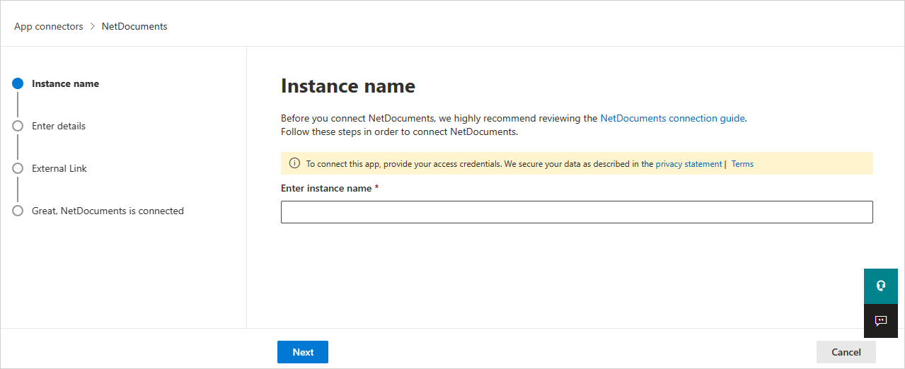 Снимок экрана: экран подключения NetDocuments с запросом пользователя на имя соединителя.