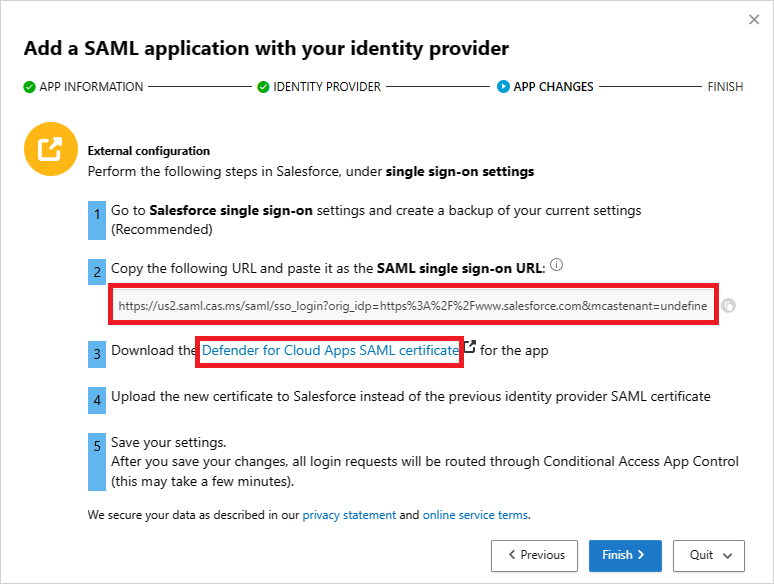 Снимок экрана страницы «APP CHANGES» в Defender for Cloud Apps с отображением URL-адреса единого входа SAML и параметра скачивания сертификата.