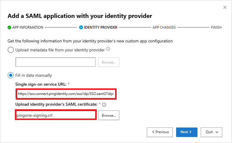 Снимок экрана: страница поставщика удостоверений Defender for Cloud Apps с url-адресом службы единого входа и полями сертификата SAML.