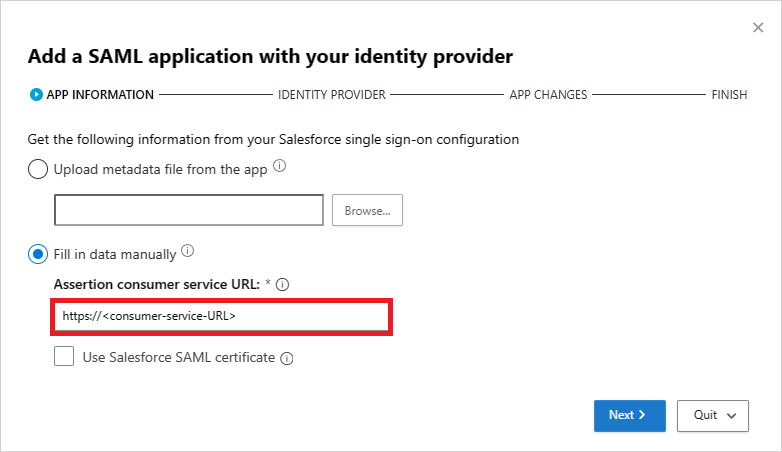 Снимок экрана: страница APP INFORMATION с ручной конфигурацией SAML для приложения Salesforce.