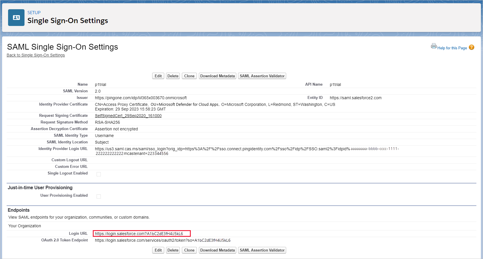 Снимок экрана страницы настроек единого входа Salesforce SAML, на котором показан URL-адрес входа.