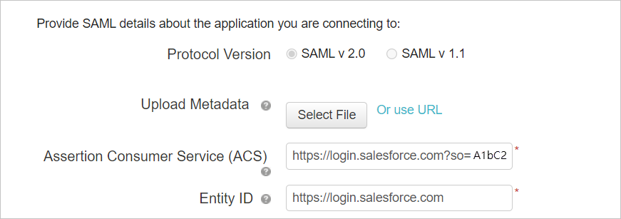 Снимок экрана: страница настройки пользовательского приложения Salesforce с введенными сведениями о SAML.