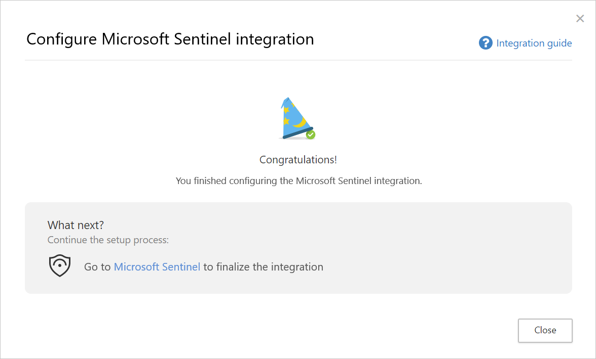 Снимок экрана: страница завершения интеграции Microsoft Sentinel.