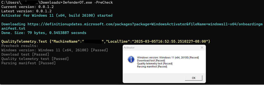 Снимок экрана: запуск средства развертывания Defender в режиме командной строки.