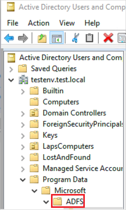 Снимок экрана контейнера для служб федерации Active Directory (AD FS).
