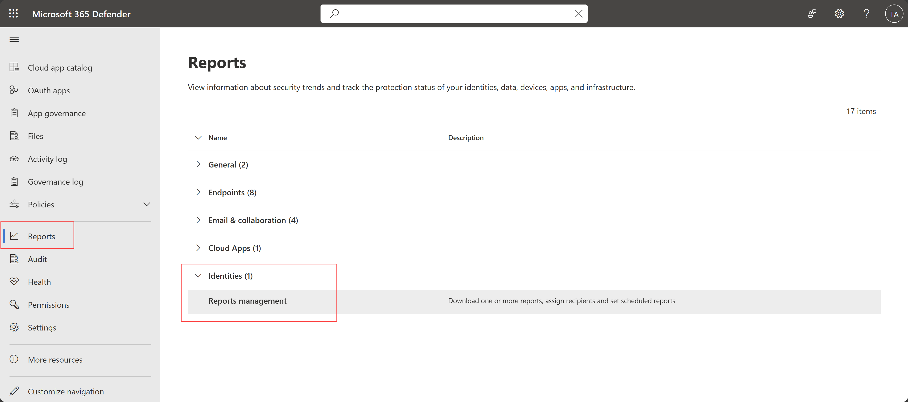 Снимок экрана: доступ к отчету Defender для удостоверений из основной области 