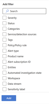 Все фильтры, доступные в очереди оповещений на портале Microsoft Defender
