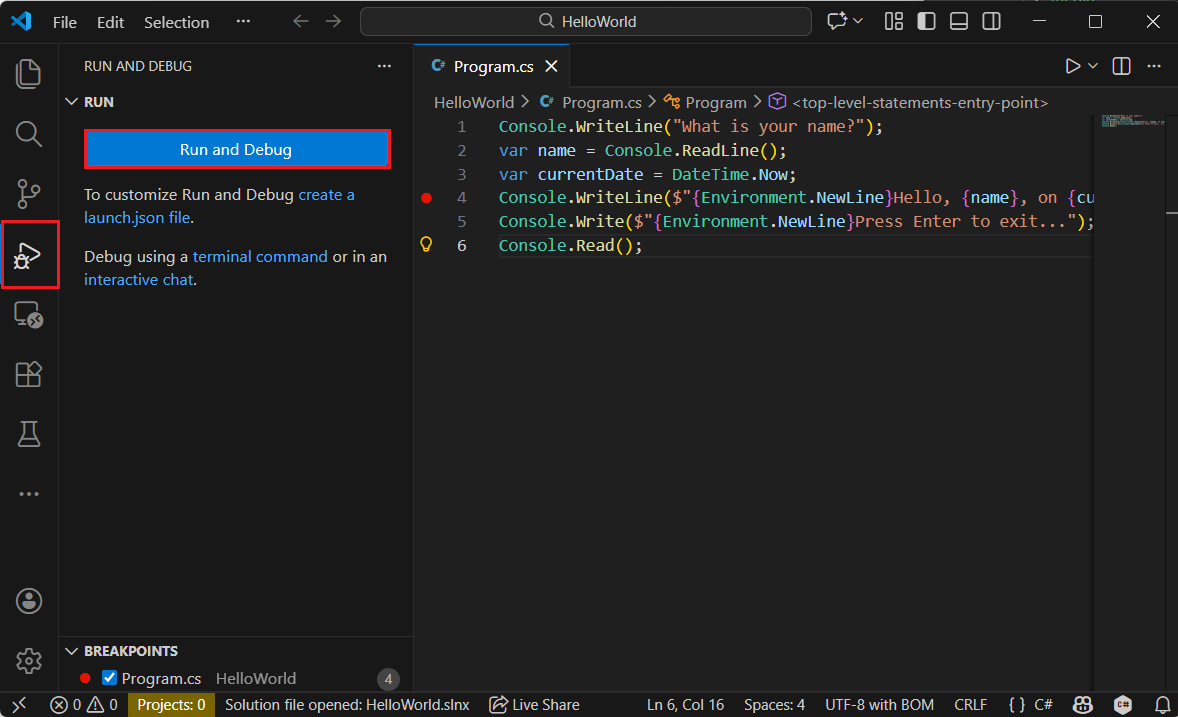 Откройте вкладку отладки в Visual Studio Code