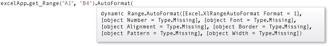 Снимок экрана, показывающий краткие сведения IntelliSense для метода AutoFormat.