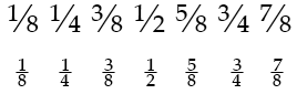 Текст с дробями OpenType, разделёнными косой чертой и накопленными