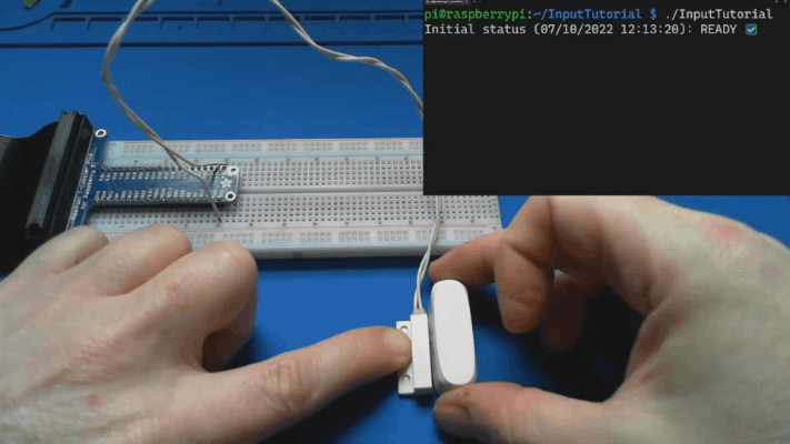 Анимированный GIF, демонстрирующий работу герконового переключателя. Переключатель приводится в действие магнитом, и приложение отображает ГОТОВ. Магнит удаляется, и приложение отображает ТРЕВОГА. Затем действие повторяется.