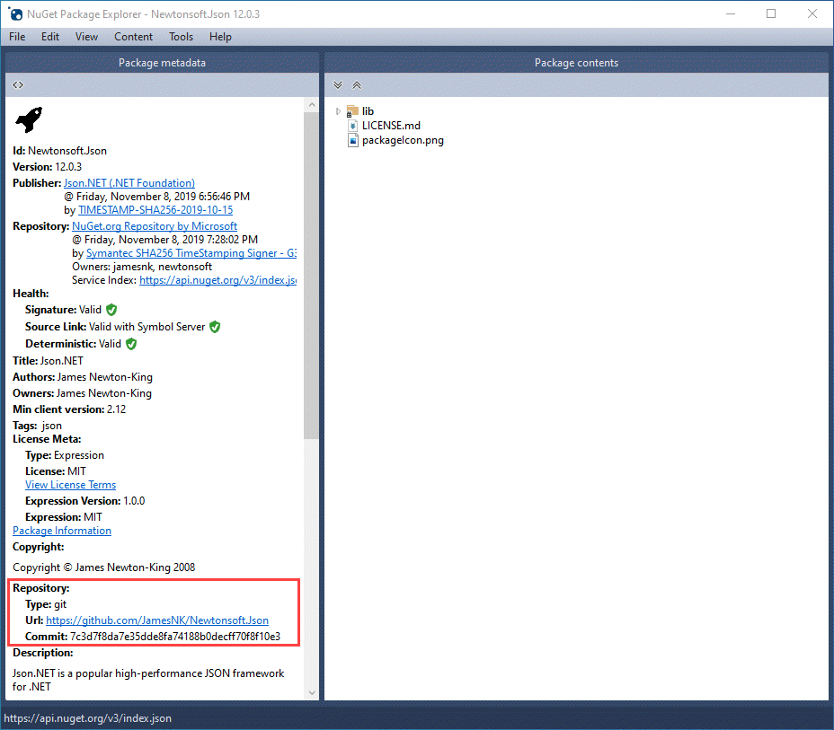 Ссылка на источник в обозревателе пакетов NuGet