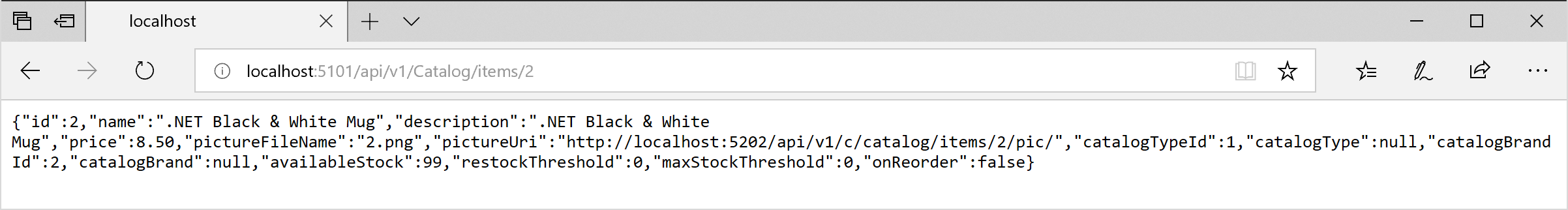 Снимок экрана: браузер с прямым ответом на Catalog.api.