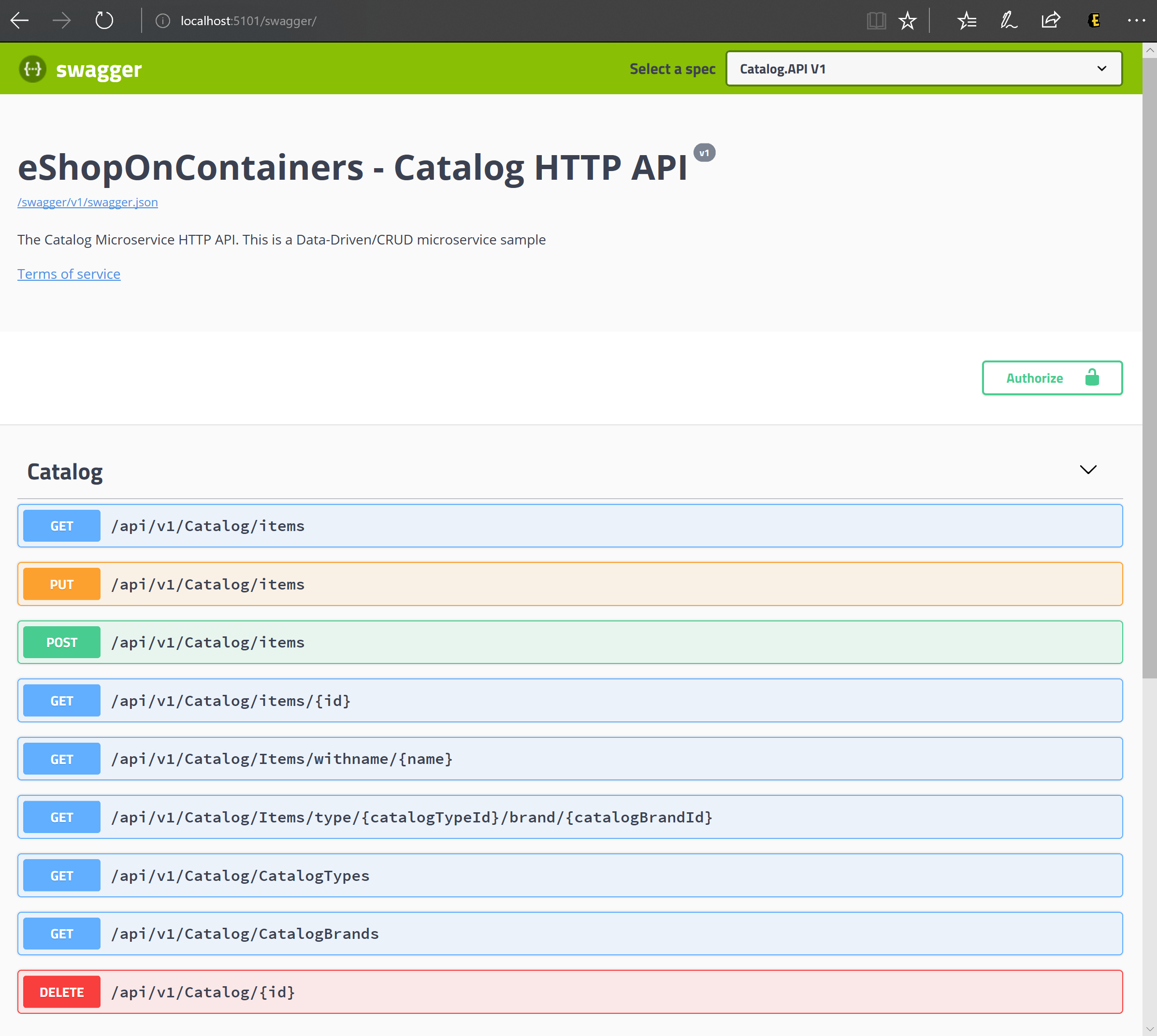 Снимок экрана: пользовательский интерфейс Swagger, показывающий REST API Catalog.API.
