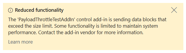 Shows the message when the control add-in experiences an excessive payload.