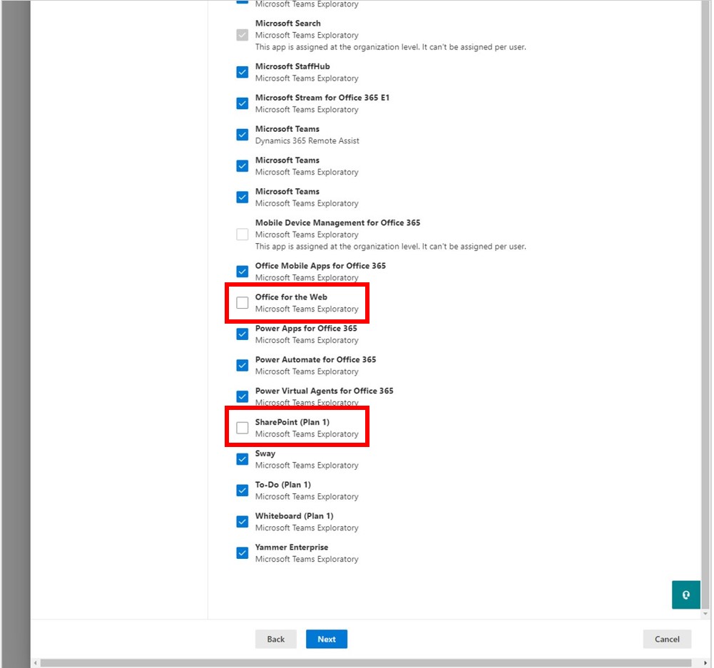 Снимок экрана: флажки SharePoint и Office для Интернета сняты.
