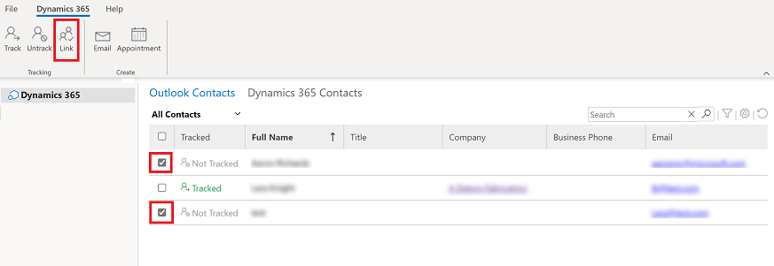 Связывание контакта Outlook.