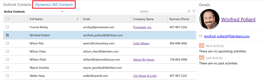 Просмотр контактных данных.