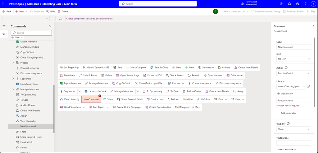 Снимок экрана: добавление новой команды в панель команд.