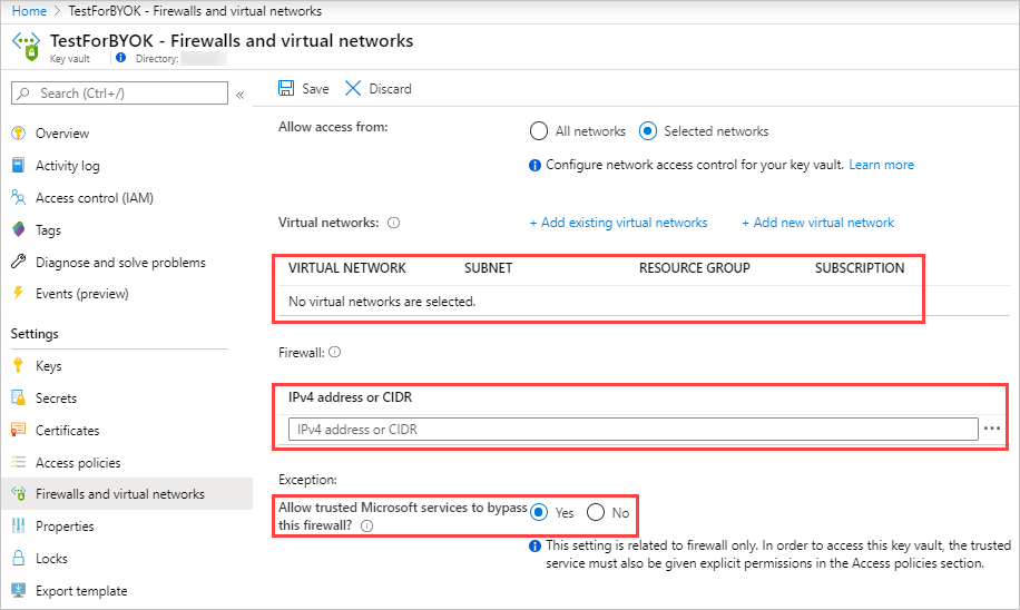 Снимок экрана с параметрами брандмауэра Azure Key Vault, показывающий разрешённые IP-адреса и параметр, разрешающий доступ доверенным службам Microsoft для Defender for Cloud Apps.